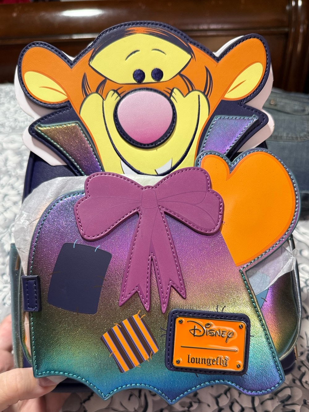 Loungefly Iridescent Tigger Mini Backpack with Purple Bow and Orange Heart RARE